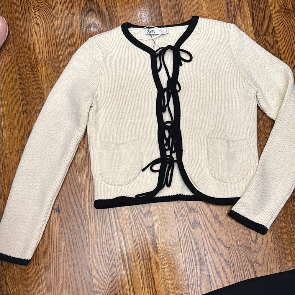 Zara Cream Knit Cardigan with Black Trim